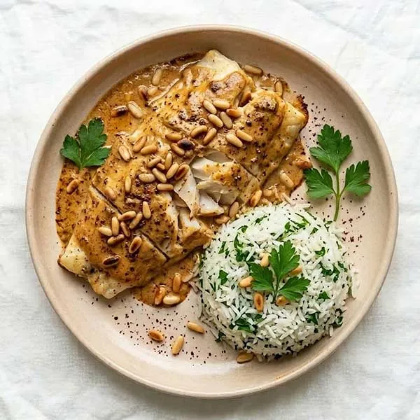 Samkeh tajin fish with pine nuts & parsley rice